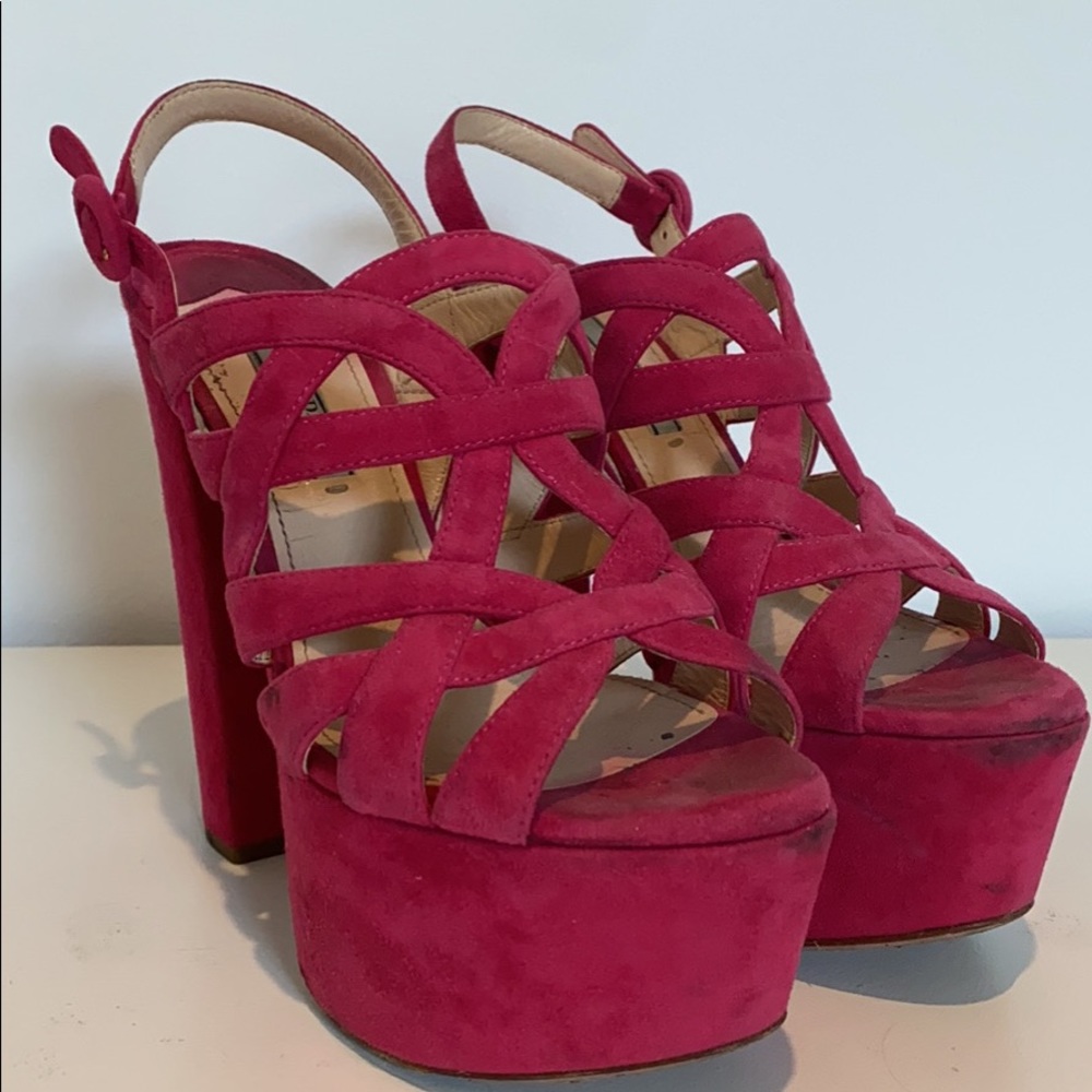 Prada pink suede platforms